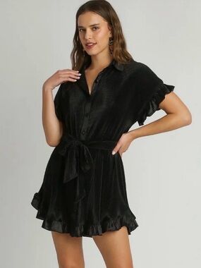 Umgee Pleated Satin Belted Shirt Dress in Black Size Large NWT